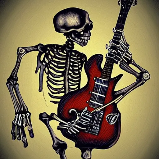 Prompt: badass skeleton playing an electric guitar, heavy metal art