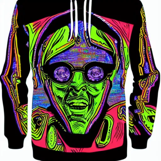 Image similar to mockup of a black hoodie with a hyperdetailed portrait of a steampunk robot on lsd in robert crumb style, 8 k, symetrical, flourescent colors, trippy mood, multicolored,