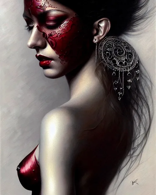 Image similar to portrait of a beautiful goddess, enigmatic beauty, dominant shades of black, silver, dark red, white, head in focus, fantasy art, ornamental aesthetics, intricate, elegant, highly detailed, hyperrealistic painting, artstation, concept art, painterly, sharp focus, illustration, art by karol bak