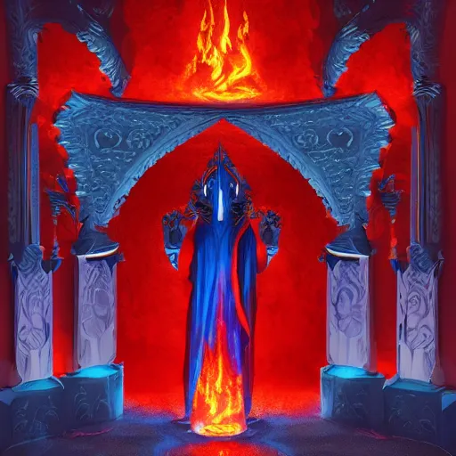 Prompt: A blazing and bright blue flame is worshipped at the center of a gothic temple by hooded cultists dressed in red at night; dark fantasy; trending on artstation