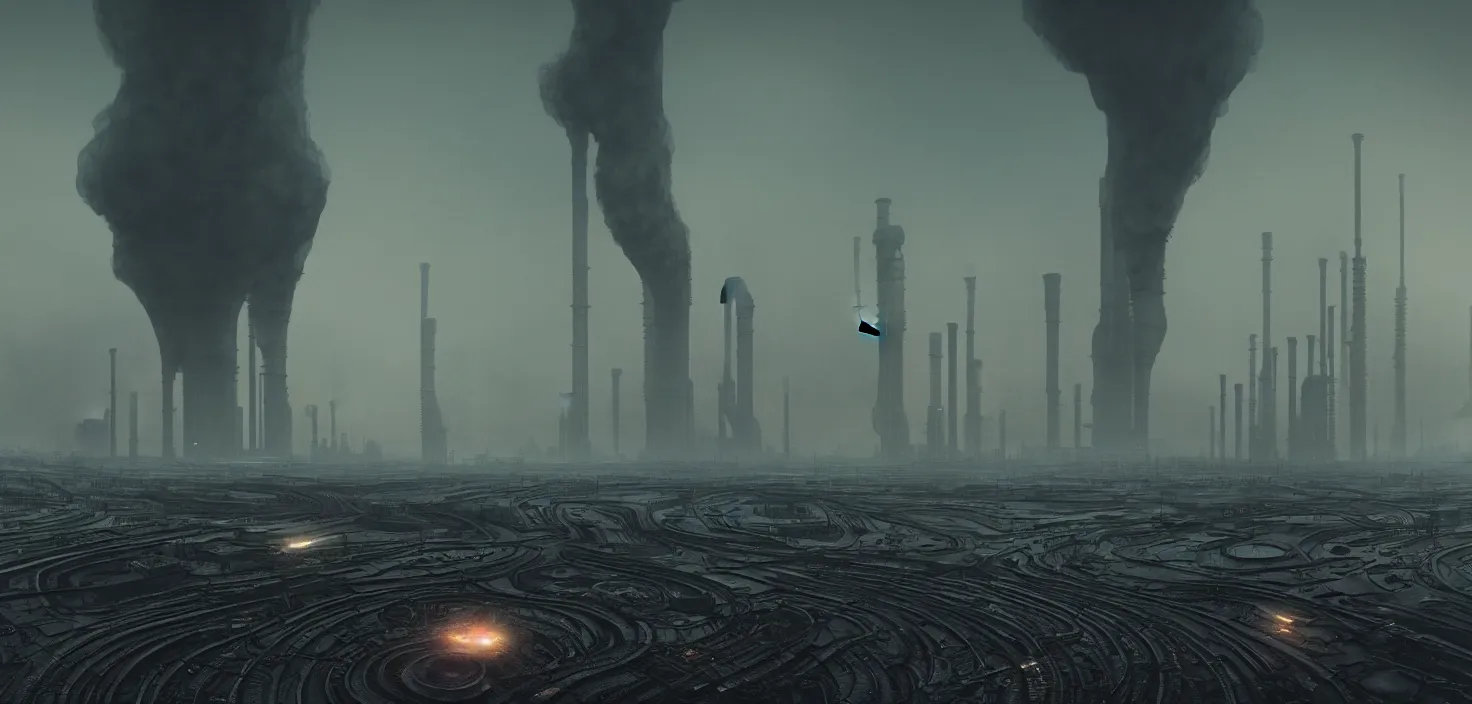 Image similar to polluted industrial alien landscape, smoke, soot, cinematic, detailed, epic, widescreen, opening, establishing, mattepainting, photorealistic, realistic textures, octane render, hr giger and vincent di fate, vivid color scheme, featured in artstation, octane render, cinematic, elegant, intricate, 8 k