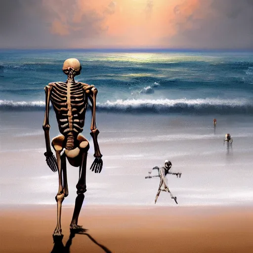 Prompt: Professional painting of anatomically correct skeleton walking along the beach, big highly detailed nuclear bomb explosion in the background, trending on Artstation, realistic, ultra detail, by Greg Rutkowski