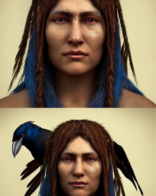 Image similar to headshot portrait of a shaman with raven features, cgsociety, detailed, unreal engine, textured, cinematic, character design