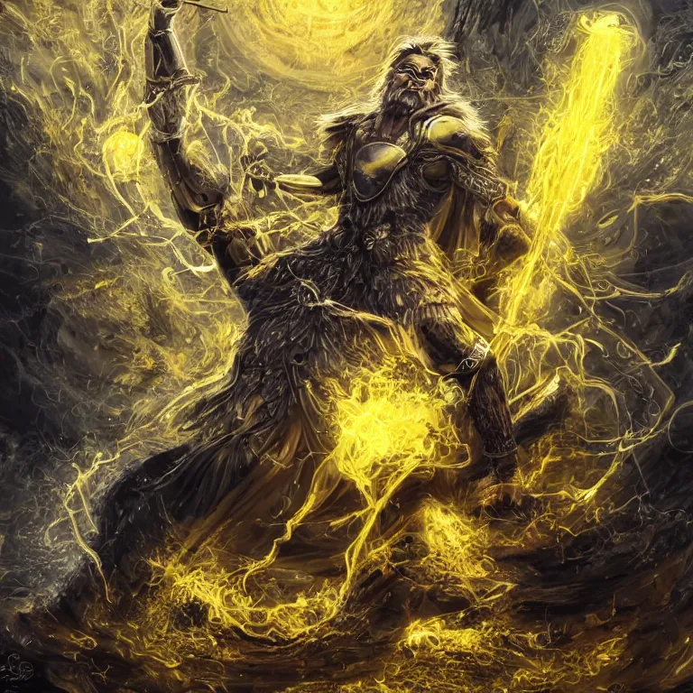 Image similar to mythological Odin all father god of thunder and artificial intelligence creating an artificial neural network with yellow synapses on an anvil in the ethereal city of valhalla, high resolution, award winning art, trending on art station, sharp image, incredibly detailed, odin all father detailed character realistic painting