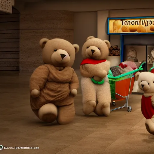 Image similar to Teddy Bears shopping for groceries in Ancient Egypt, photorealistic, HD