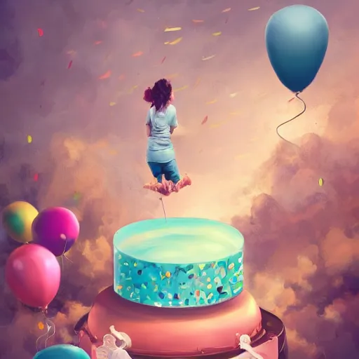 Prompt: a giant floating cake suspended to plenty of floating birthday balloons. digital art, highly - detailed, sharp focus, artstation cgsociety masterpiece