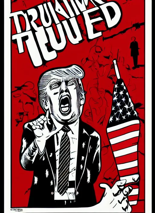 Image similar to Donald Trump's true form on a 1960s horror movie poster, inking, vintage 60s print, detailed, scary, horror, screen print, trending on artstation