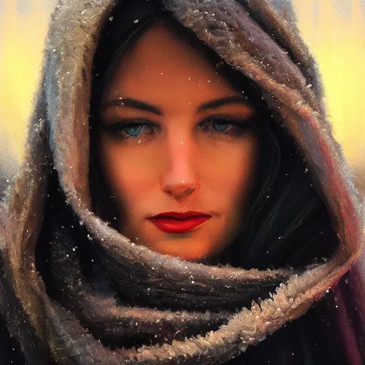 Prompt: detailed face of a cold woman bundled in a textile scarf bracing against the wind, lush, opulent, crystallized, light cascade, shimmer, soft reflections, prism, frosty, atmospheric, ambient, pj crook, syd mead, livia prima, artgerm, greg rutkowski, nick alm, casey baugh