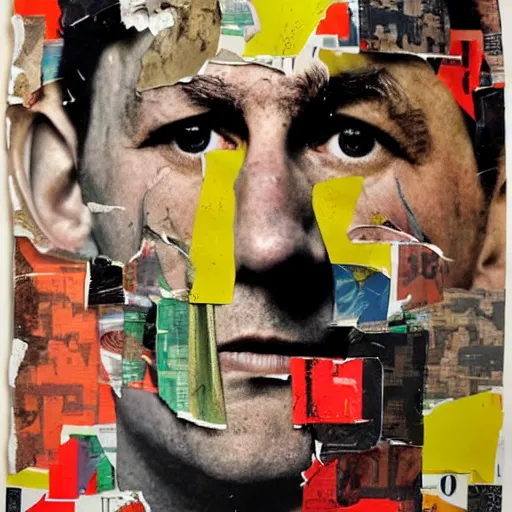 Prompt: a portrait a very ordinary person, by Mimmo Rotella, ripped, torn poster, abstract, vivid colors, flat bold color
