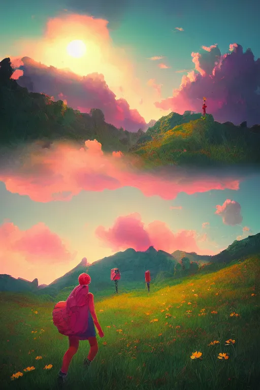 Image similar to giant daisy flower head, girl hiking in the mountains, surreal photography, sunrise, dramatic light, impressionist painting, colorful clouds, digital painting, artstation, simon stalenhag