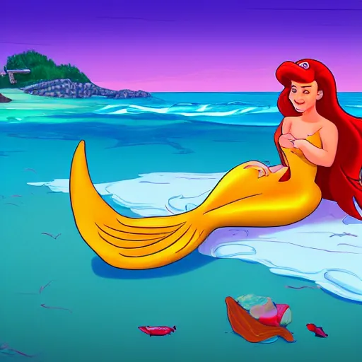 Image similar to the little mermaid sitting on a beach, vivid color, cartoon style, digital art, highly detailed, 8 k, cinematic lighting