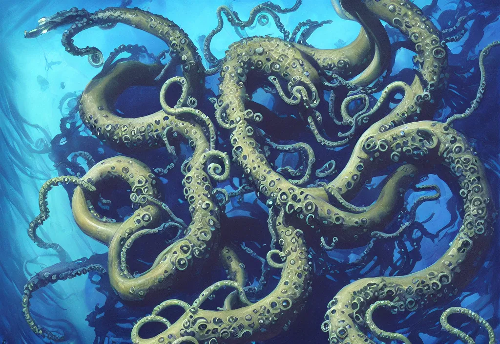 Prompt: Underwater Tentacle Pandomonium;Art by Greg Manchess, Art Direction by Jeremy Jarvis; painting spiraling inward; Deep sea horror; gallery painting; teeth and eyes; illustration