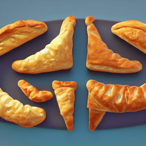 Image similar to concept art full isometric view of a plate with three delicious turnovers with glazing in the style of pixar and disney, octane render, cinema 4 d