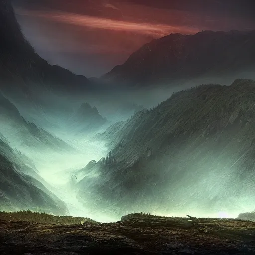 Image similar to huge valley, creepy valley, extreme drama, distant glow, hdr, movie still, fully photorealistic, artstation, beautiful concept art, sharp luminescent focus, nd 6, sony fx 6, glowing luminescent invocations