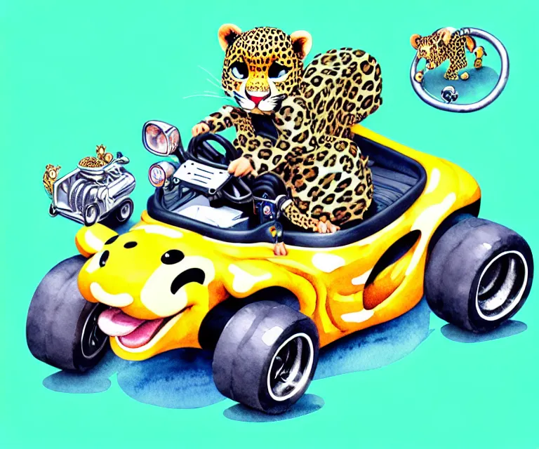 Prompt: cute and funny, baby leopard riding in a tiny go kart with oversized engine, ratfink style by ed roth, centered award winning watercolor pen illustration, isometric illustration by chihiro iwasaki, edited by range murata, tiny details by artgerm and watercolor girl, symmetrically isometrically centered