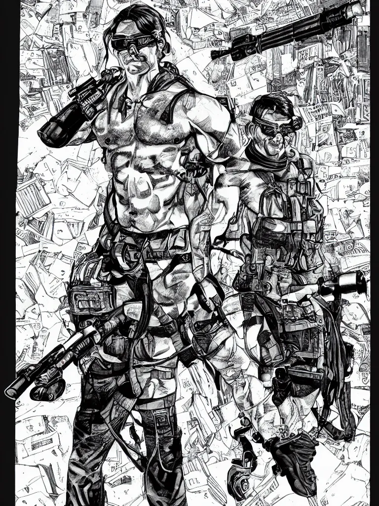 Image similar to muscular man, black vest with no shirt underneath, goggles around his neck, cargo pants, ammo belt, holding a blaster, long black hair in a ponytail, five o' clock shadow, comic book art, full body shot