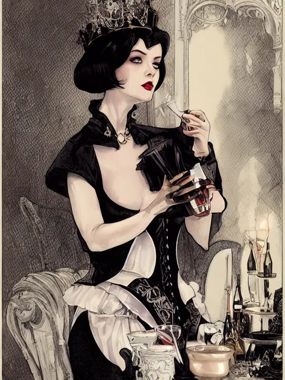 Prompt: queen of vampires drinking a cup of wine in her throne room, victorian dress, corset, small top hat, pale skin, black lipstick, black eyes, bob haircut, dnd, high fantasy, highly detailed, detailed face, grayscale, black and white manga illustration, by artgerm, greg rutkowski, alphonse mucha
