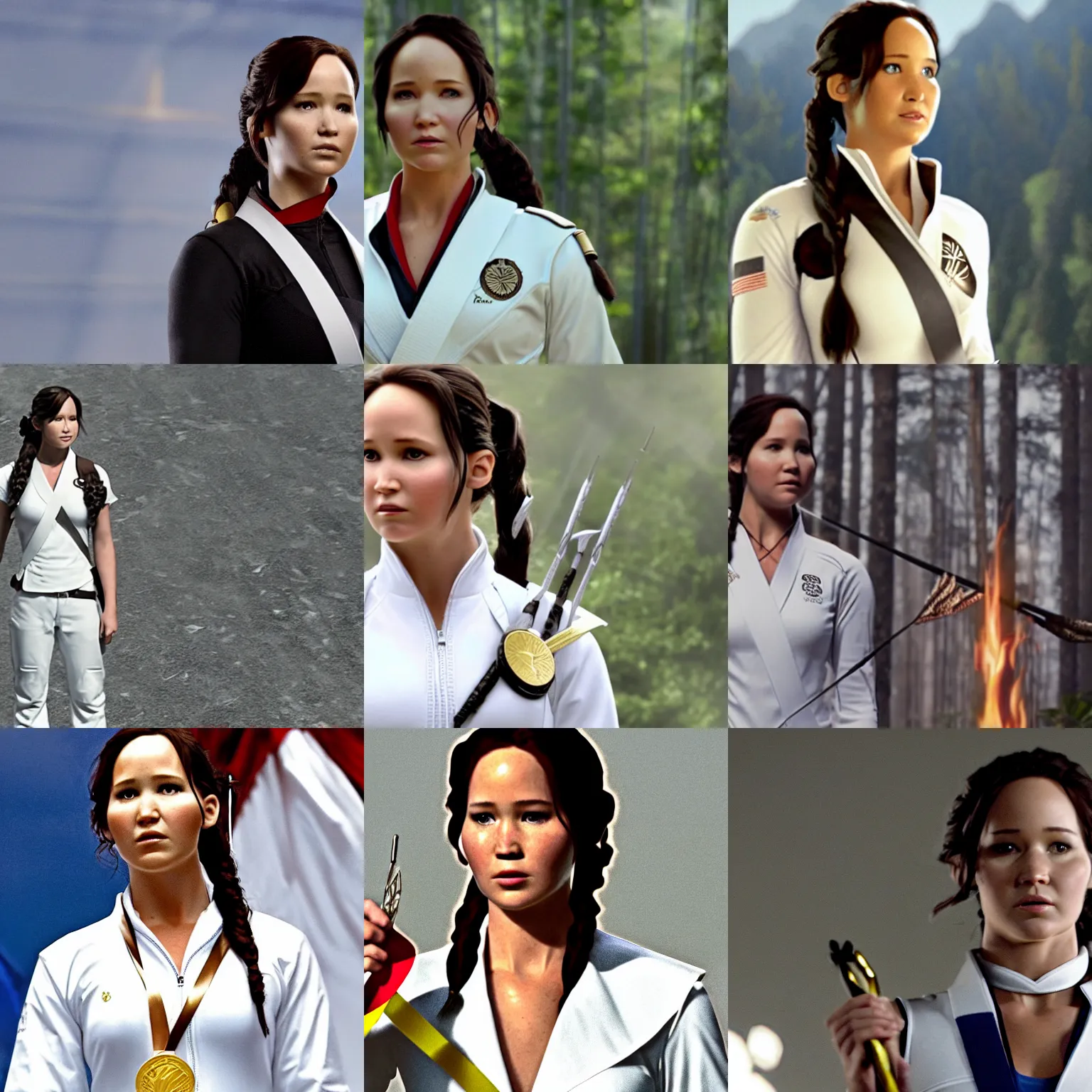 Prompt: Film still, establishing shot of Katniss Everdeen on a podium, wearing a white gi, wearing a gold medal around her neck