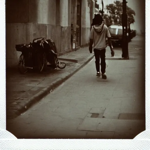 Prompt: polaroid picture, sepia, homeless manu chao in the streets of bogota, ethereal, trending on artstation