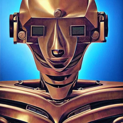 Image similar to the robot wearing her human mask, by christopher kit williams, symbolist, dramatic lighting, elaborate geometric ornament, art brut, god rays, soft cool colors, smooth, sharp focus, extremely detailed