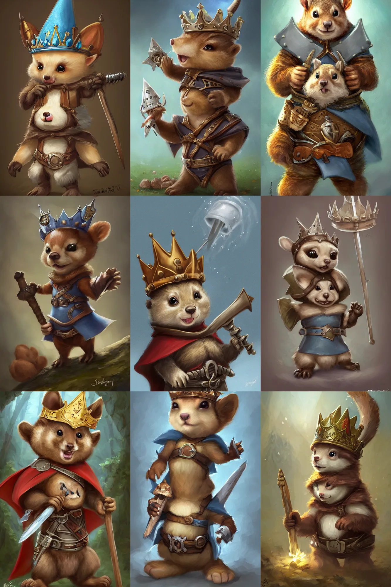 Prompt: cute little anthropomorphic chipmunk knight wearing a cape and a crown, tiny, small, miniature bear, baby animal, short, pale blue armor, cute and adorable, pretty, beautiful, DnD character art portrait, matte fantasy painting, DeviantArt Artstation, by Jason Felix by Steve Argyle by Tyler Jacobson by Peter Mohrbacher, cinematic lighting