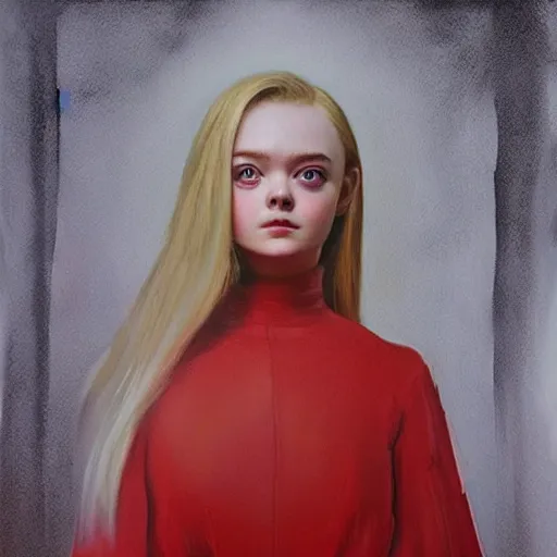 Image similar to a striking hyper real painting of Elle Fanning in a red dress, lovecraftian, horror, moonlit,