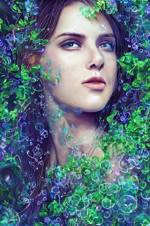 Prompt: elaborately ultradetailed close up portrait of an extremely beautiful girl surrounded by beautiful vines, flowers, a mist and ethereal rainbow bubbles, digital art painting, concept art, poster art, smooth, sharp focus, Aetherpunk, atmospheric lightning, highly detailed illustration highlights, Exquisite 8K detail post-processing, award winning picture, sense of awe, featured on DeviantArt