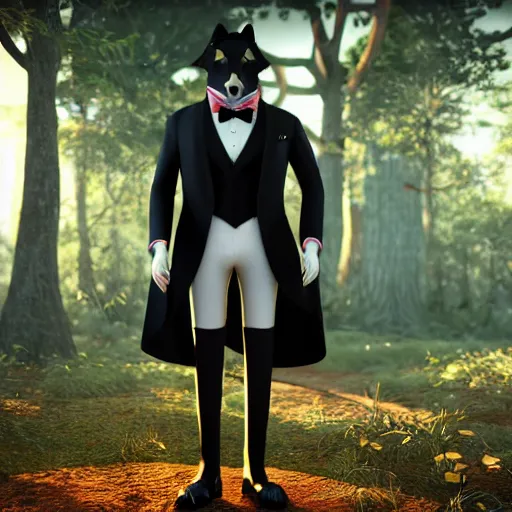 Image similar to 3 d render of a wolf as a gentleman wearing tuxedo in magical forest, smooth render, unreal engine 5, wet reflections, studio lighting, cinematic perspective, full hd