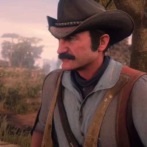 Prompt: Film still of Mario, from Red Dead Redemption 2 (2018 video game)