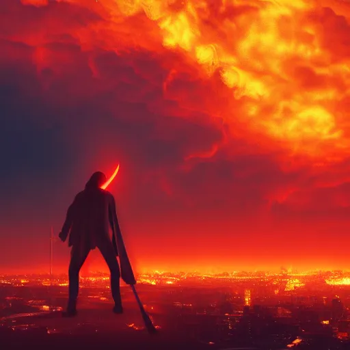 Image similar to Red grim reaper watching over a city in flames, yellow sky, 8k resolution