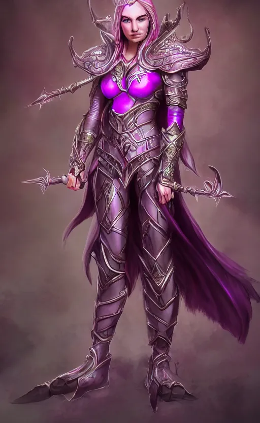 Image similar to a full body portrait of an elven woman with pink skin, and armor fit for a queen, wearing purple headphones, and smiling, dynamic lighting, photorealistic fantasy concept art, trending on art station, stunning visuals, creative, cinematic, ultra detailed