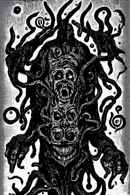 Prompt: The unknowable cosmic horror elder God of insanity and depravity, chthonic, protoplasmic, colossal, eternal, hell