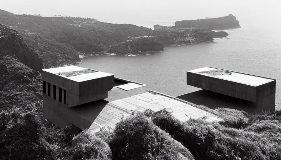 Image similar to brutalist base perched on a cliff overlooking a magnificient bay, drawing architecture, fog horizon, pixar lighting, pritzker architecture prize, greig fraser