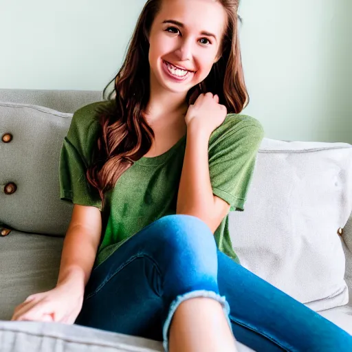 Image similar to Photograph of a cute young woman smiling, long shiny bronze brown hair, heart-shaped face, emerald green eyes, medium skin tone, light cute freckles, smiling softly, wearing casual clothing, relaxing on a modern couch, interior lighting, cozy living room background, medium shot, mid-shot, soft focus, 4k, professional photography, Portra 400