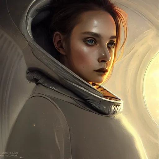 Image similar to A close up futuristic portrait on the street of a Russian sleeping quarters on the moon, Norilsk, sci-fi, fantasy, intricate, very very beautiful, elegant, highly detailed, digital painting, artstation, concept art, smooth, sharp focus, illustration, art by artgerm and greg rutkowski and alphonse mucha