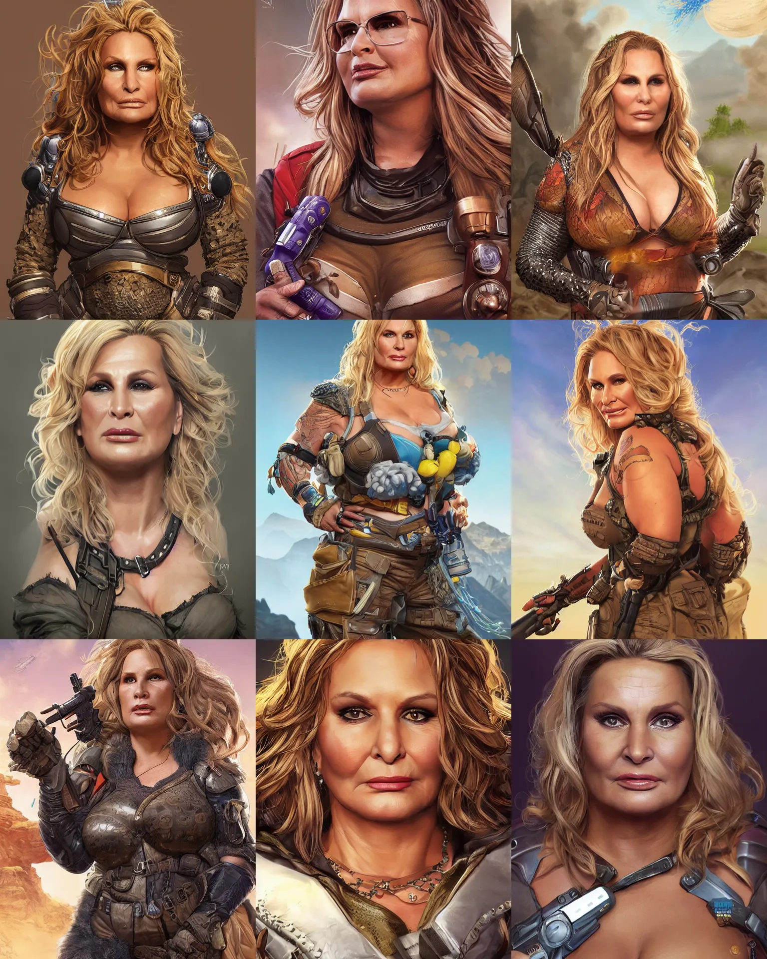 Prompt: Jennifer coolidge as an Apex Legends character digital illustration portrait design by, Mark Brooks and Brad Kunkle detailed, gorgeous lighting, wide angle action dynamic portrait