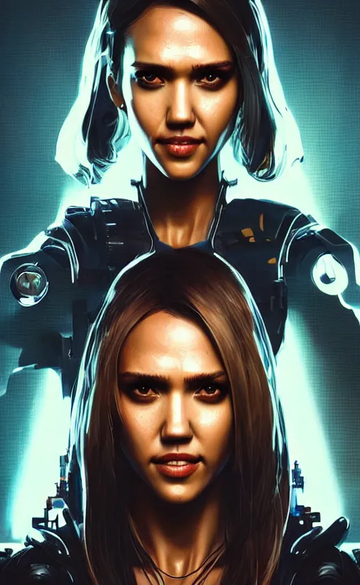 Image similar to portrait of jessica alba as a character in arabian Cyberpunk 2077, looking at camera, intricate, dystopian, sci-fi, extremely detailed, digital painting, artstation, concept art, smooth, sharp focus, illustration, intimidating lighting, incredible art by artgerm and greg rutkowski and alphonse mucha and simon stalenhag