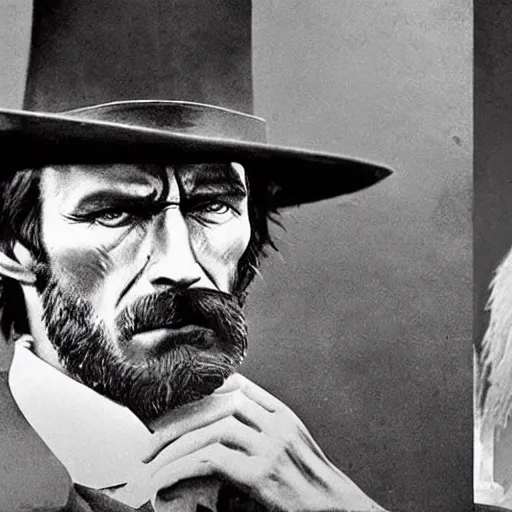 Prompt: an 1 8 0 0 s photo of mateusz morawiecki playing the role of clint eastwood, squinting at high noon, in the style of a clint eastwood movie, the good, the bad and the ugly, vibe, glory days, mount rushmore, justice, american flag, independence, patriotism, black and white, artgerm