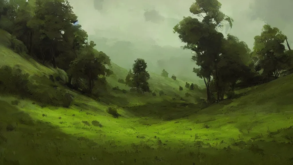 Prompt: beautiful green rolling hills, by jeremy mann, by greg rutkowski, by noah bradley, digital painting