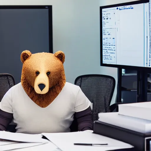 Prompt: tired bear on zoom call in office, piles of paperwork