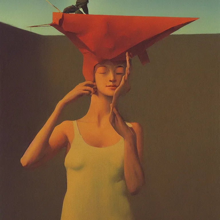 Prompt: woman in paper bag over the head with a sward Edward Hopper and James Gilleard, Zdzislaw Beksinski, highly detailed