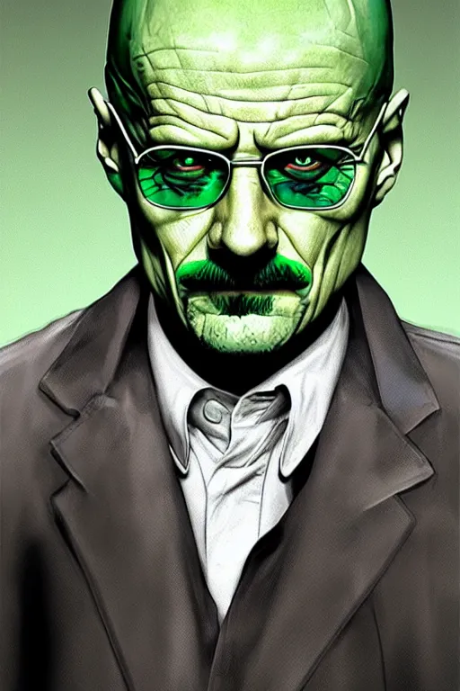 Image similar to walter white as the joker, green hair, photorealistic, highly detailed,