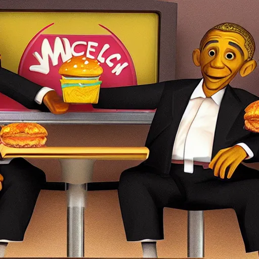 Image similar to Einstein and Obama sitting at McDonalds, ultra detailed, photorealistic, dramatic lighting