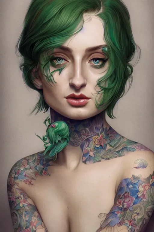 Image similar to upper body portrait shot of green hair tattooed pinup sophie turner, masterpiece, intricate, elegant, highly detailed, digital painting, artstation, concept art, smooth, sharp focus, illustration, art by artgerm and greg rutkowski and alphonse mucha and uang guangjian and gil elvgren and sachin teng, symmetry!!