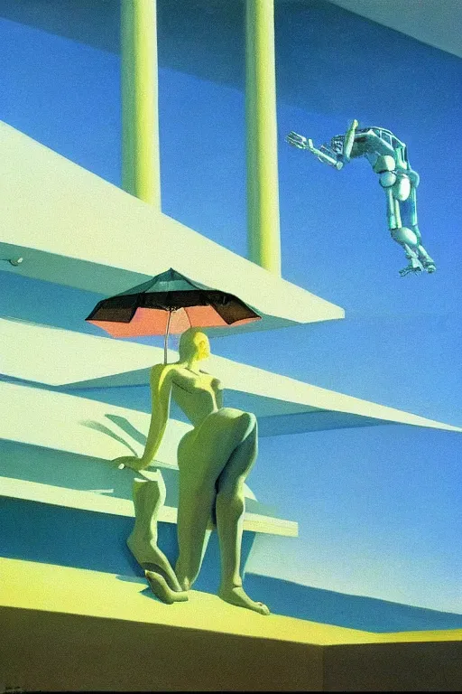 Image similar to liminal vaporwave robot surrealism dreams, painted by Edward Hopper, painted by salvador dali, painted by moebius, airbrush