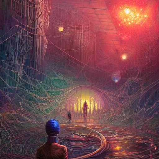 Prompt: Masterpiece digital art by Dan Mumford Ted Nasmith, color hues, octane render trending on Artstation:2, A concept matte painting of internal lymphocyte virion rawandrendered synaptic fractality transmission embryonic beholder glial neurons cyberpunk eyewire nerve cells microscopic plankton glowing neuronal brain cell synapse by WojtekFus Facey rossdraws:5, Technician inside the reactor:3