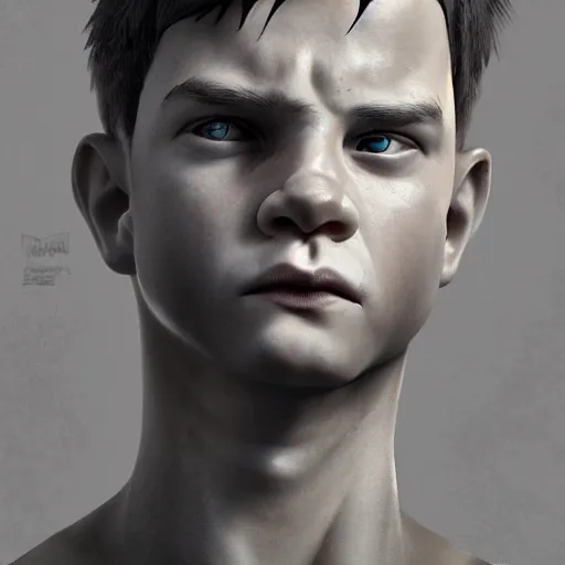 Prompt: stylized portrait of a young and strong boy by Dave McKean and Sam Weber, detailed face, digital art, octane render trending on artstation, 4k, 8k, HD