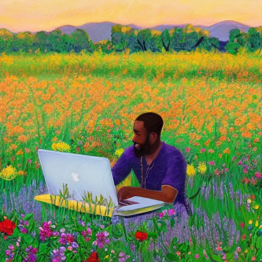 Prompt: a lightskin black man with short hair in a vast field of flowers, using a macbook laptop, wide shot, golden hour, vintage, impressionist painting, fine art, oil painting, dreamy, pastel, happy, intricate details, sharp, peaceful, serene