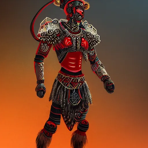 Image similar to maya warrior in a ornated armor preparing for war, full body, dynamic pose, red and black neon, concept art, intricate details, highly professionally detailed, cgsociety, highly detailed -