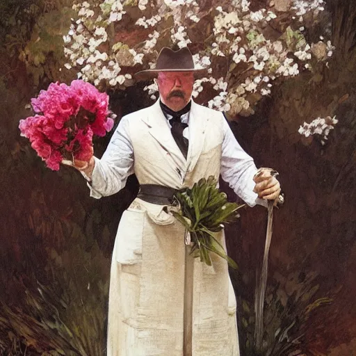 Image similar to beautiful Teddy Roosevelt holding boquet of flowers art by artgerm and greg rutkowski and alphonse mucha